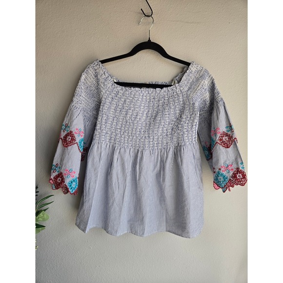 LOFT Tops - LOFT Boho Pinstripe Smocked Off Shoulder Embroidered Bell Sleeve Top S